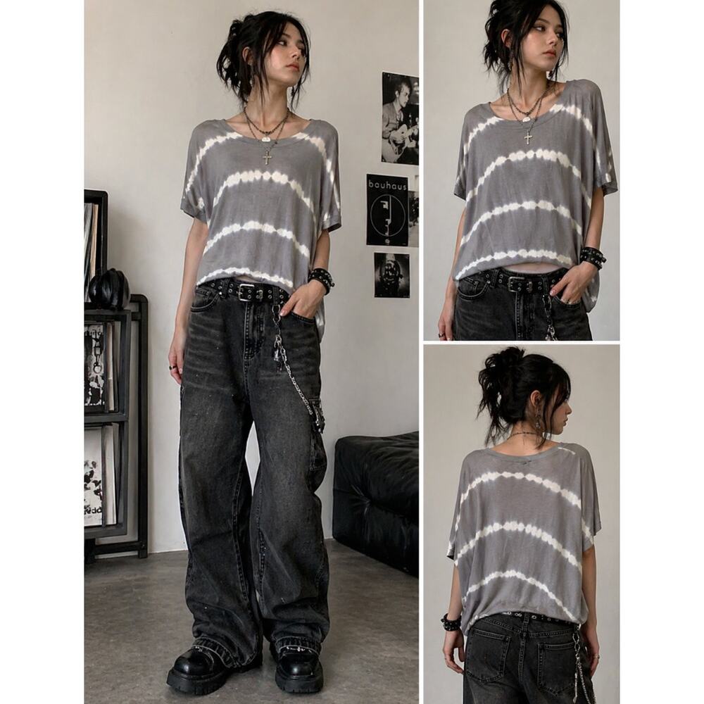 Paraphrase Gray TieDye Top Womens XS Oversized Y2K Grunge Lagenlook Short Sleeve